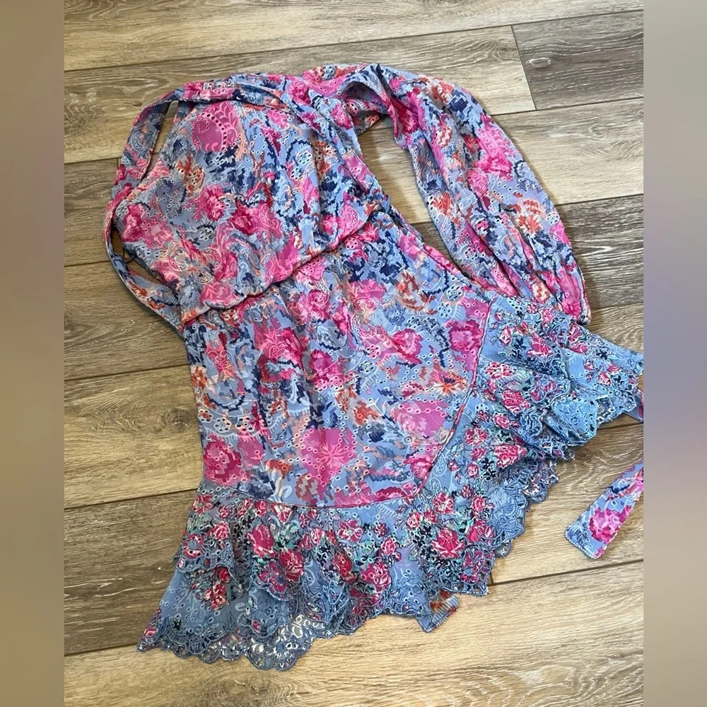 HEMANT & NANDITA Vibrant Pink and Blue One-Shoulder Mini Dress - Picture 9 of 12